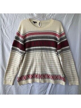 Talbots Sweater XL Cream Red Fair Isle Nordic Keyhole Sweater Holiday